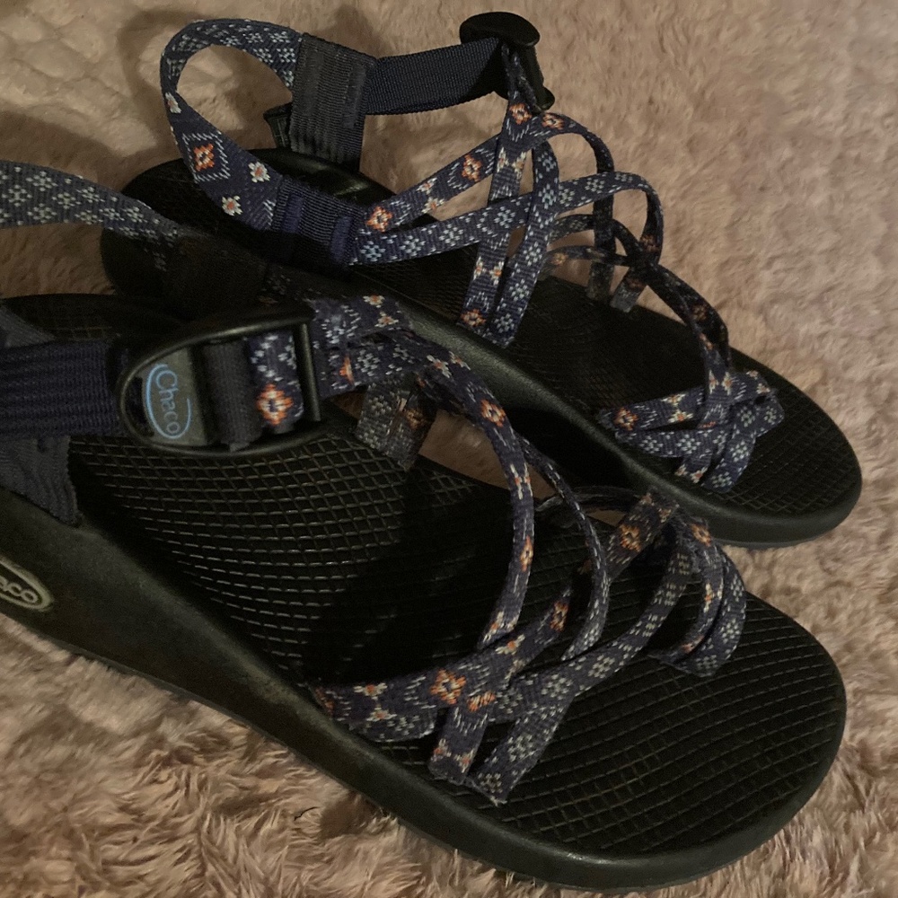 Chaco Navy Patterned Strappy Sandals with Orange Accents